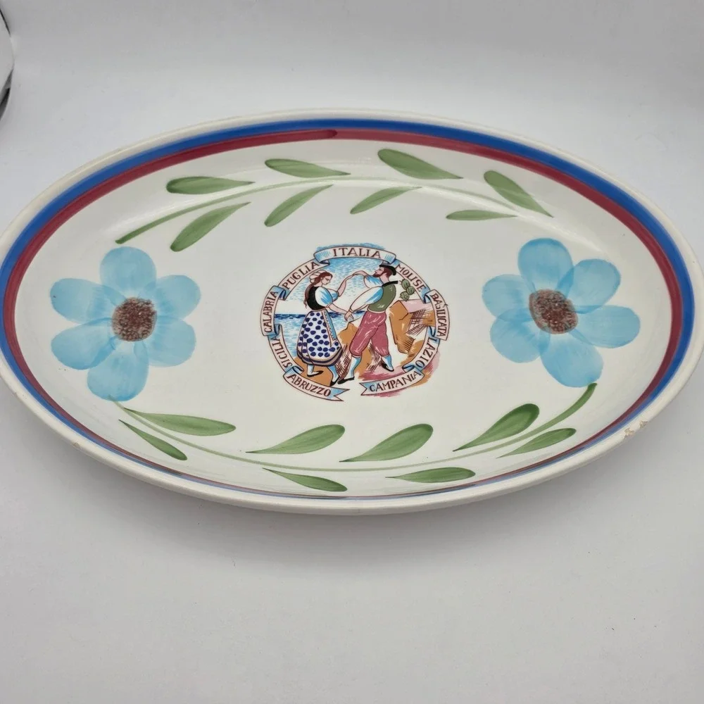 Vintage VillaWare Serving Platter Hand Painted Floral Italian Folk Art Rustic
